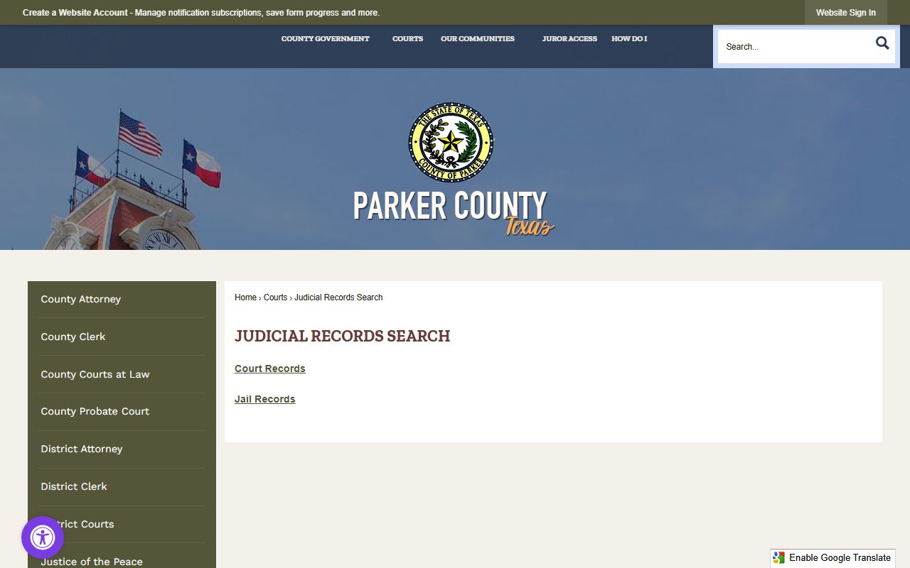 Parker County Judicial Records Search page for jail records and court records