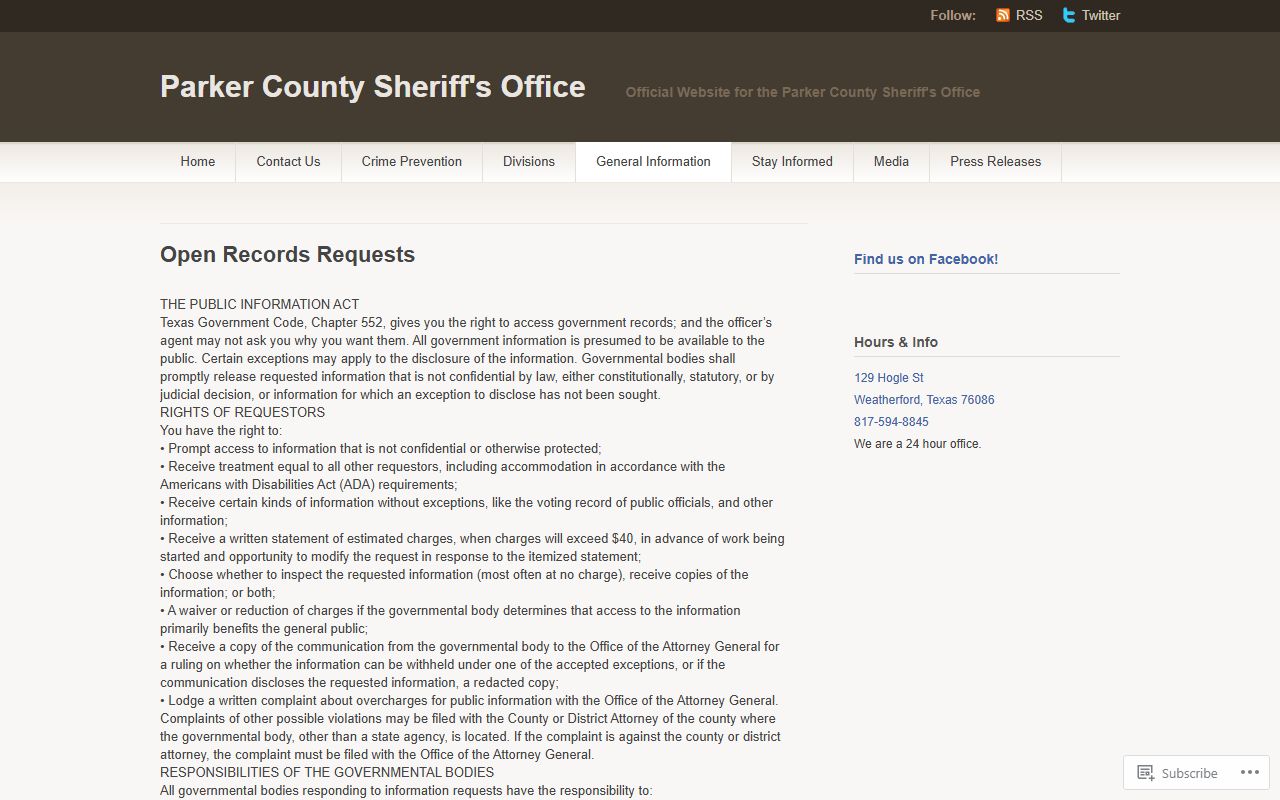 Parker County Sheriff's open records page for inmate records