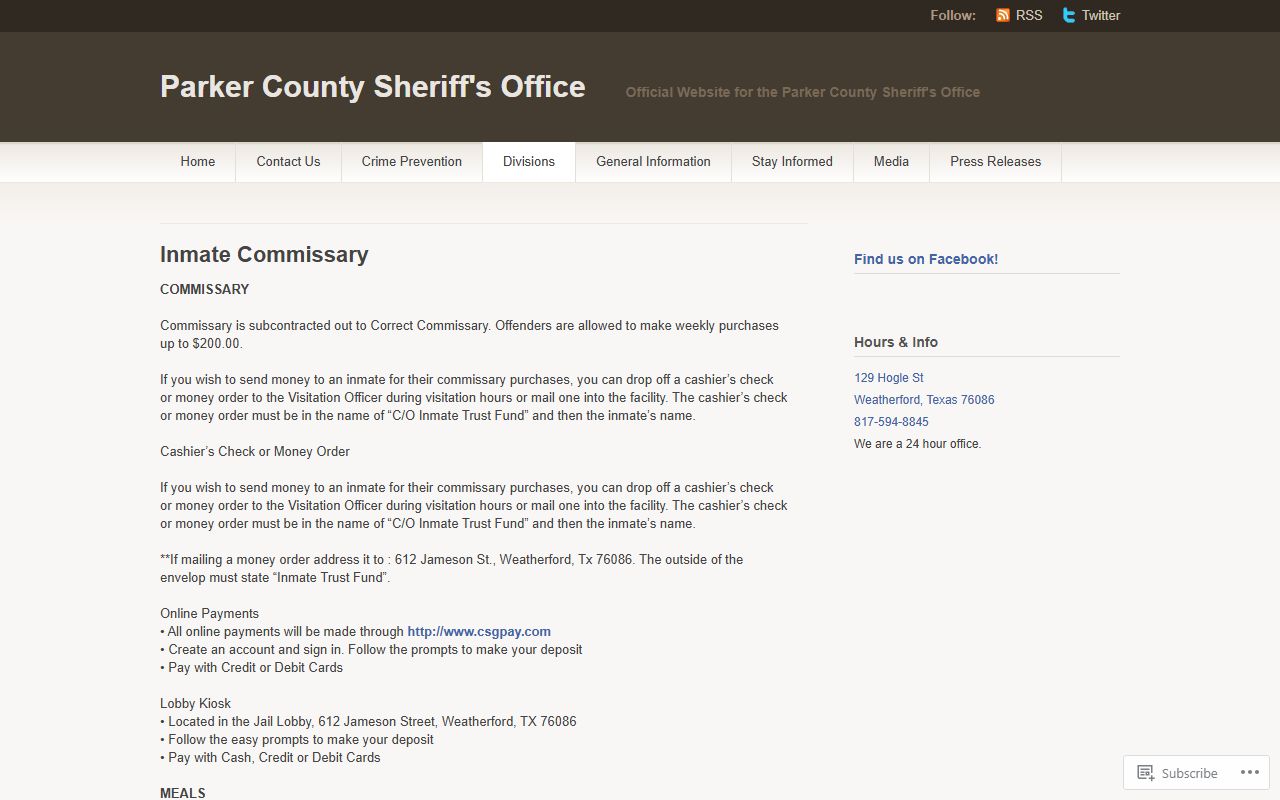 Parker County Jail commissary and inmate funds information