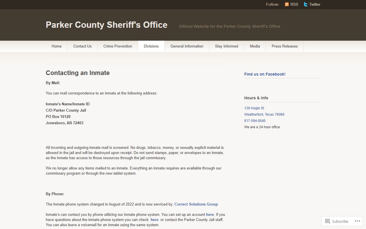 Parker County Jail mail phone tablet rules for inmates